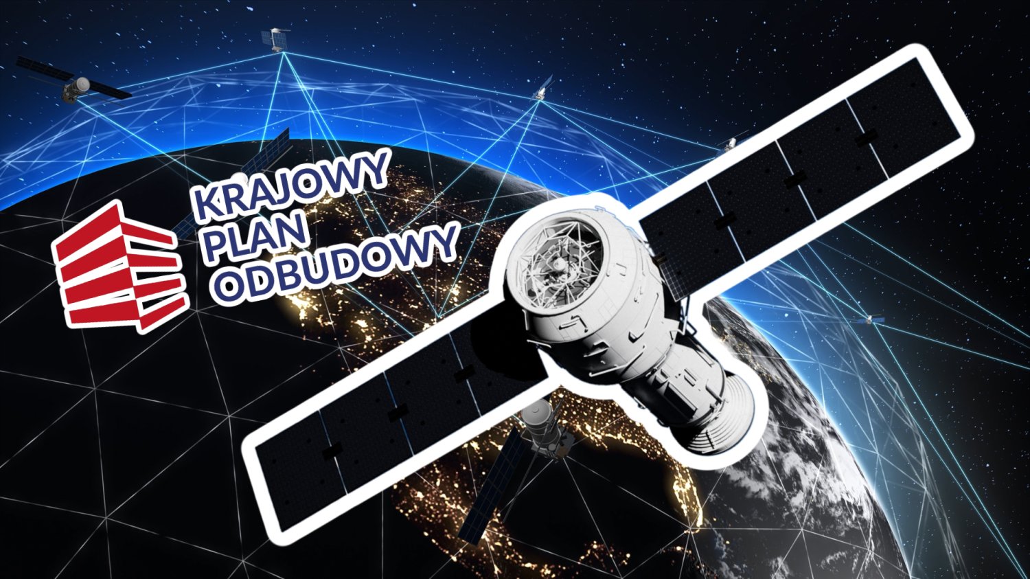 Satelita. W tle kosmos i siec satelit. Logo KPO.