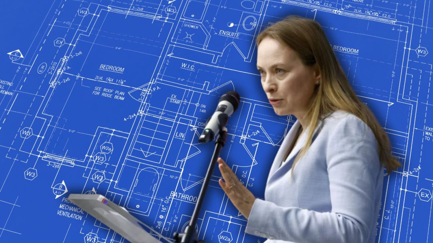 Katarzyna Pełczyńska-Nałęcz na tle schematów domu.