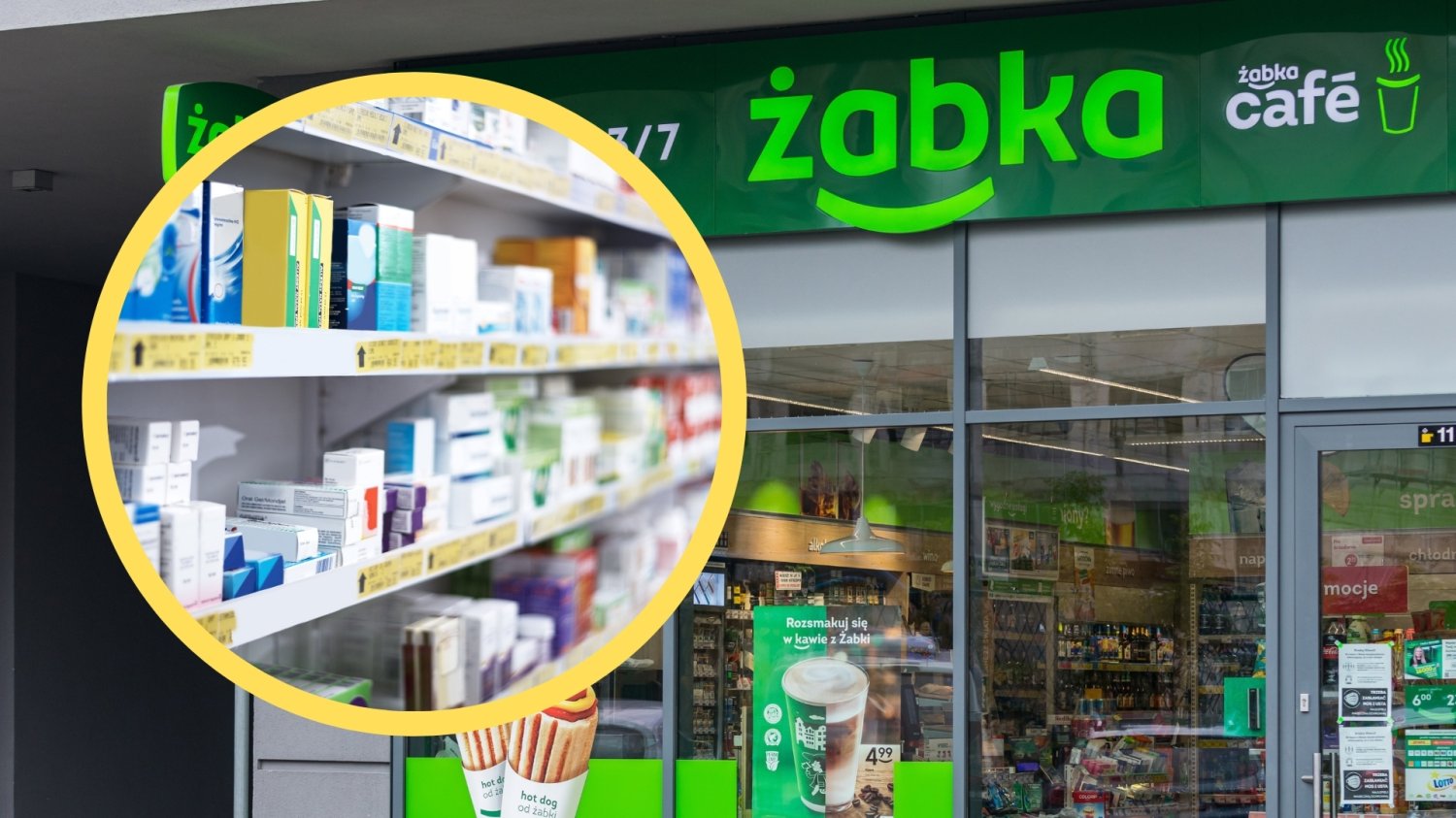 Sklep sieci Żabka. W żółtym kółku zdjęcie z półkami na których stoją leki.
