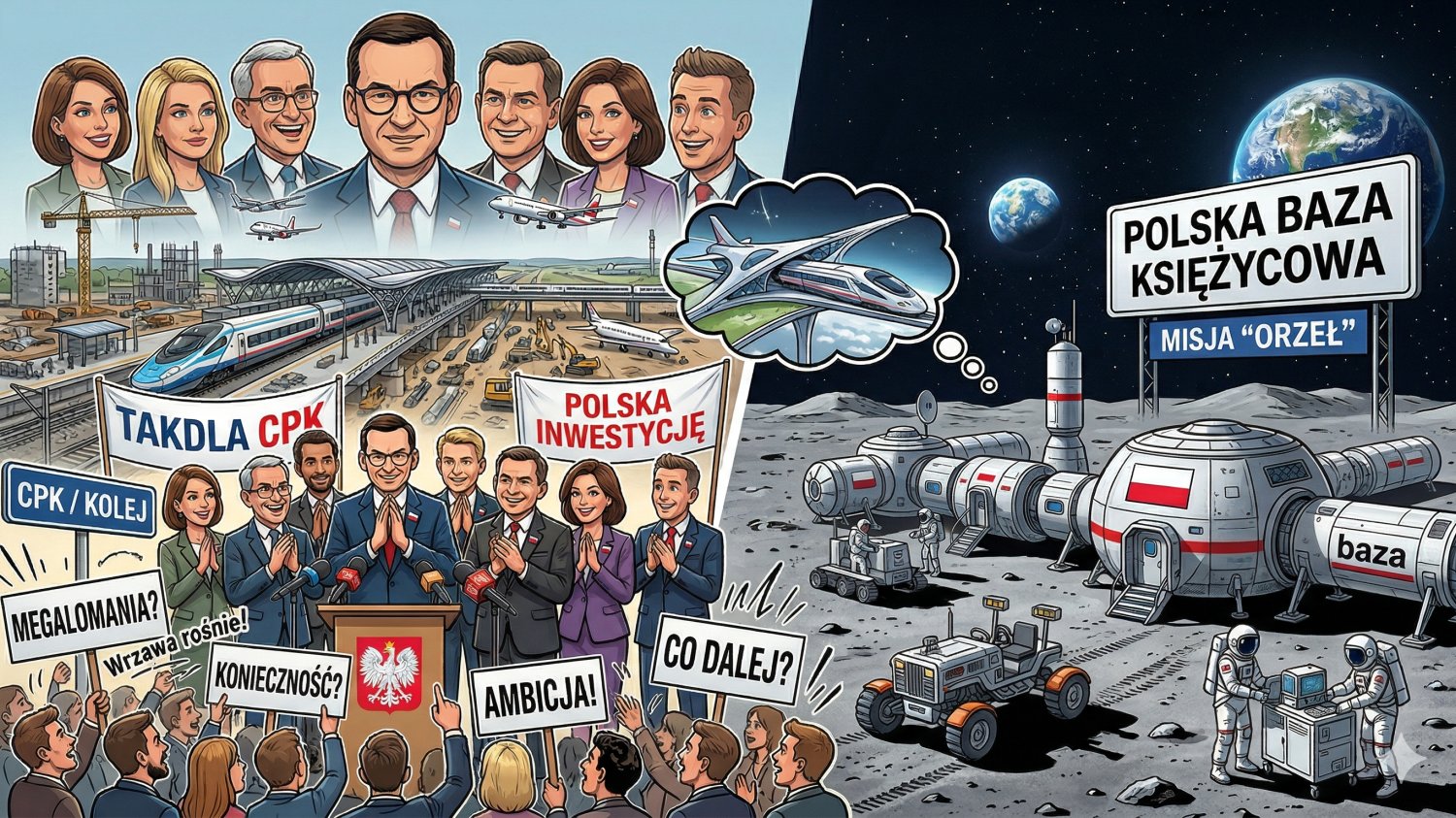 Co łączy CPK z polską bazą na Księżycu? Wrzawa rośnie, politycy zacierają ręce. Tory kolejowe a obok baza kosmiczna. Obok torów politycy, na bazie polskie flagi.