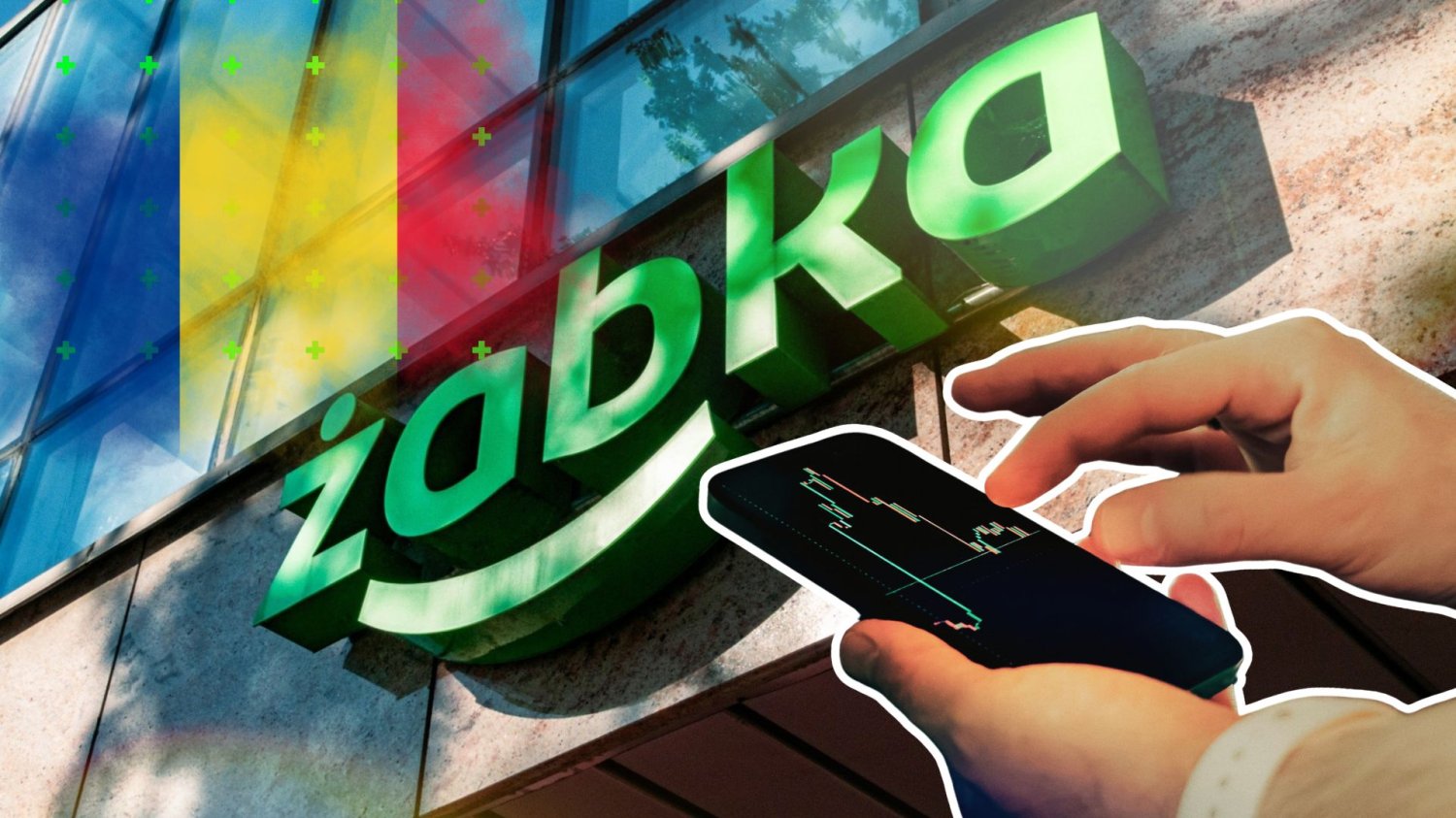 Logo Zabki, smartfon z wynikami finansowymi i flaga Rumunii.