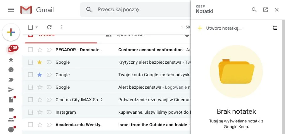 Panel boczny umożliwia jednoczesne korzystanie ze skrzynki i innych usług Google. Pobierając dodatki, można też korzystać z usług innych aplikacji.
