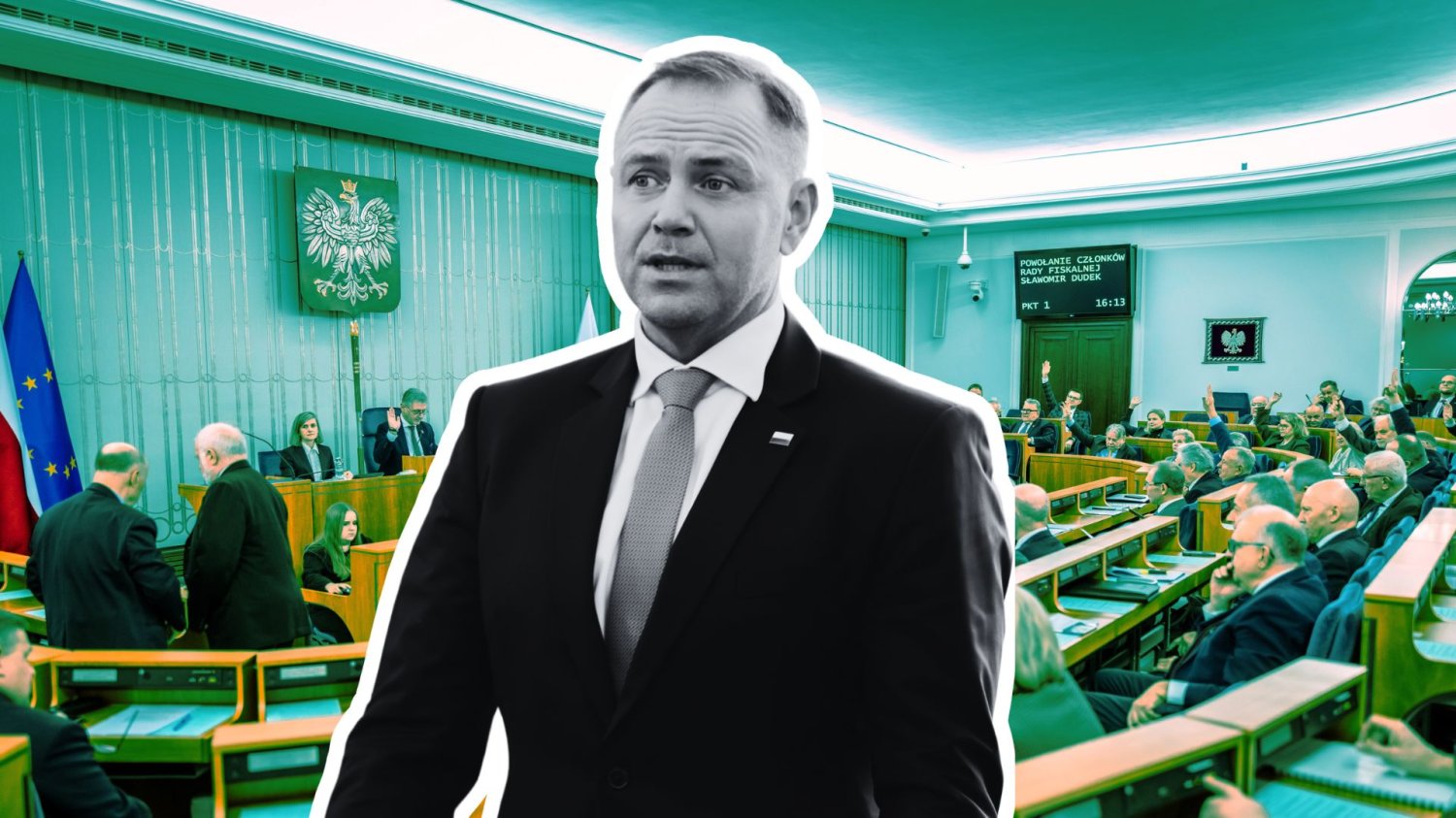 Karol Nawrocki na tle sali Senatu