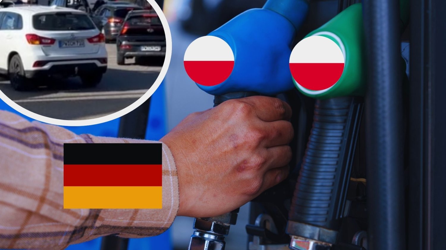 Ręka z flagą Niemiec i dystrybutor paliwa z flagami Polski. Screen z materiału wideo z polską stacją paliw przy granicy z Niemcami. Niemieccy kierowcy szturmują polską stację. Przyjeżdżają masowo, by oszczędzić