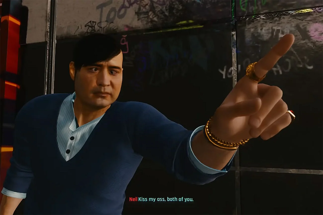 Screen z gry "Cyberpunk 2077". Bug - postać z zezem.