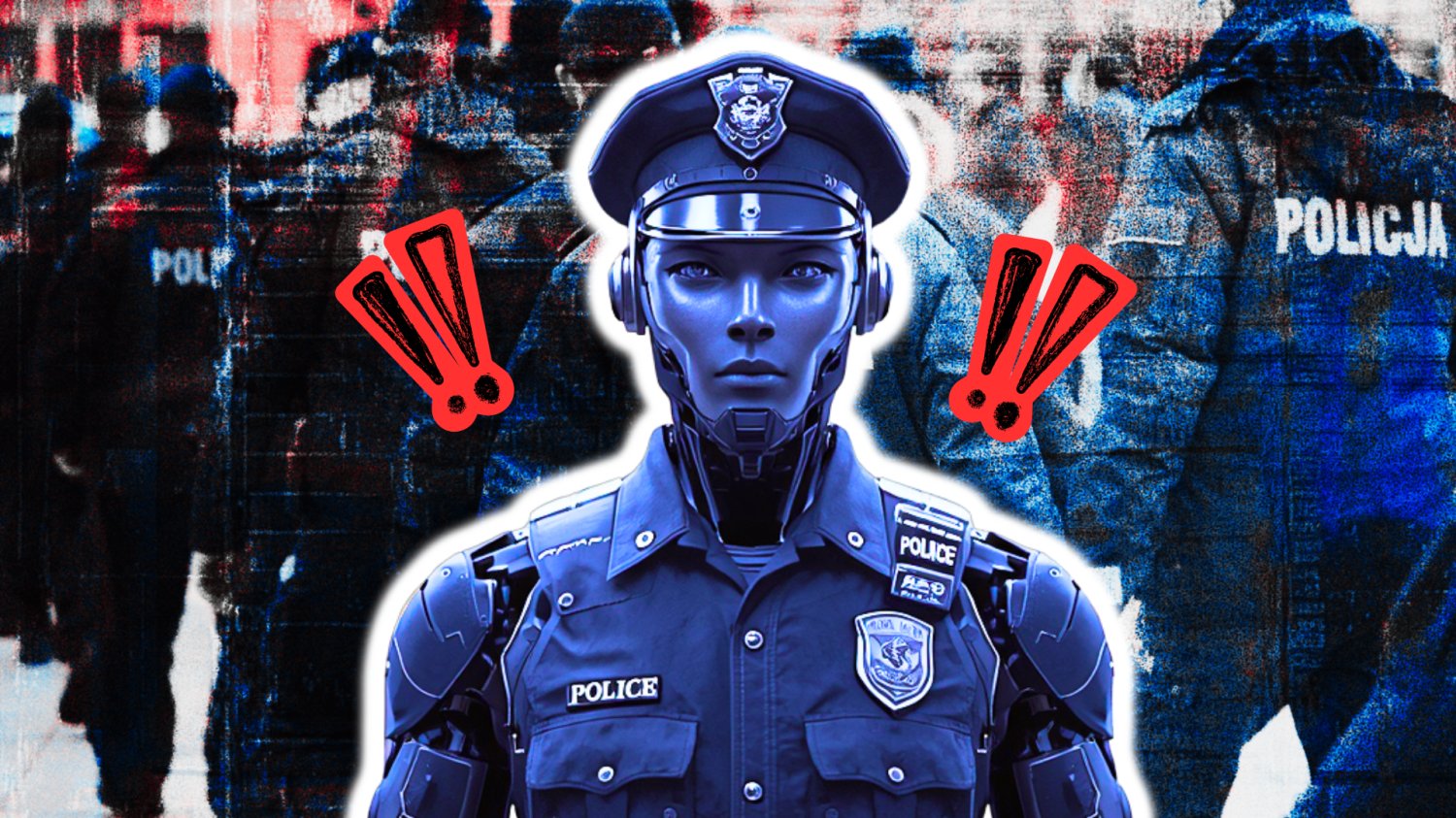 Robot AI w mundurze policyjnym. W tle zgliczowana policja.