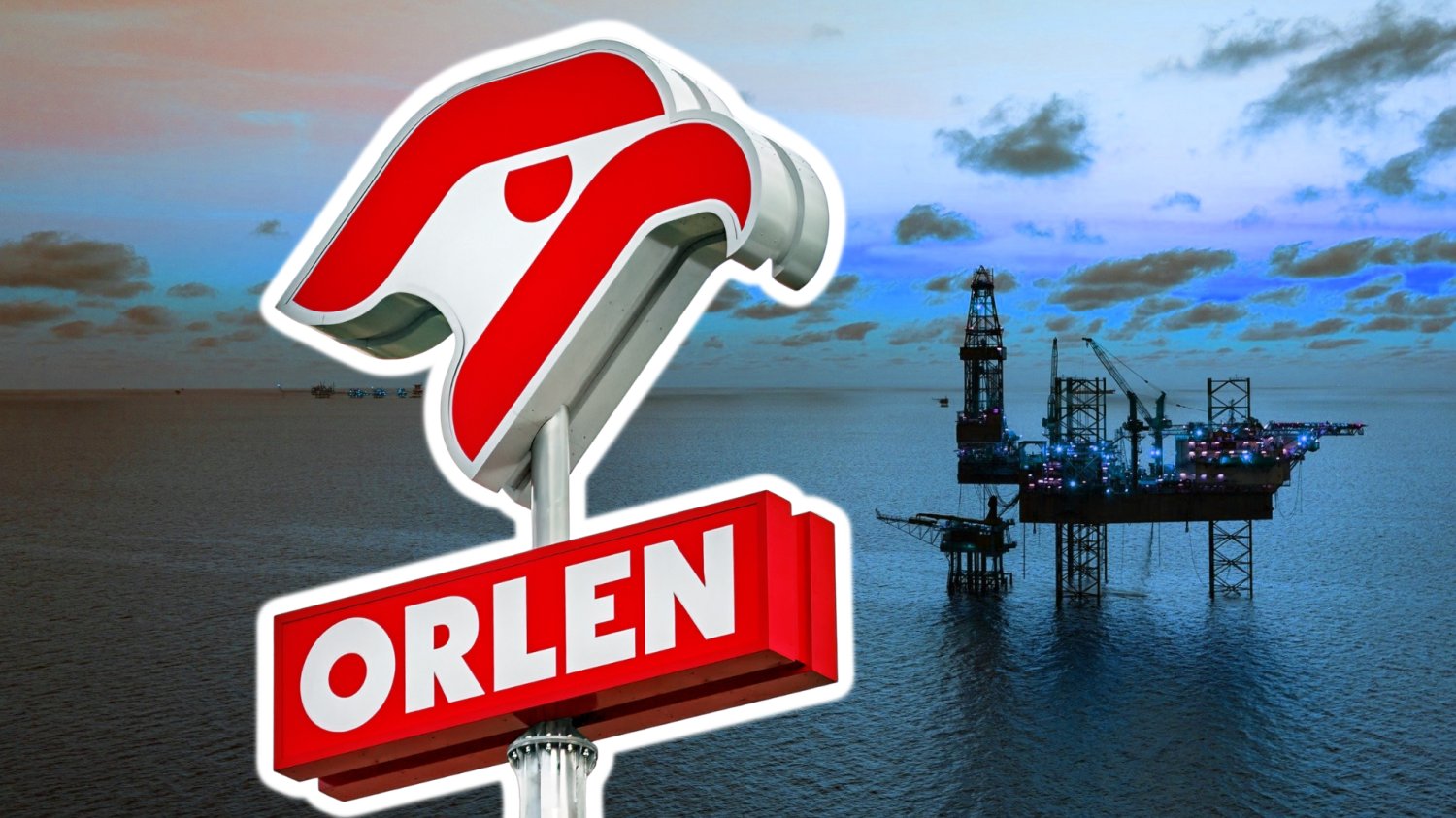 Orlen odpala nowe złoże na Morzu Północnym. Polska dostaje energetyczny zastrzyk. W tle morze i platforma wiertnicza przy zachodzie słońca. Z przodu Logo Orlen na wysokim stelażu.