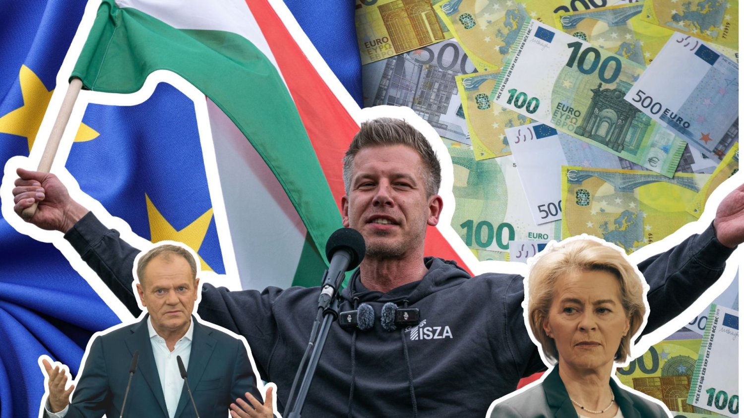 Na tle banknotów euro i flagi Unii Europejskiej Doanld Tusk, Peter Magyar i Ursula von der Leyen. Niemiecka prasa ostrzega: Ostrożnie z miliardami z UE dla Węgier po lekcji z Polską