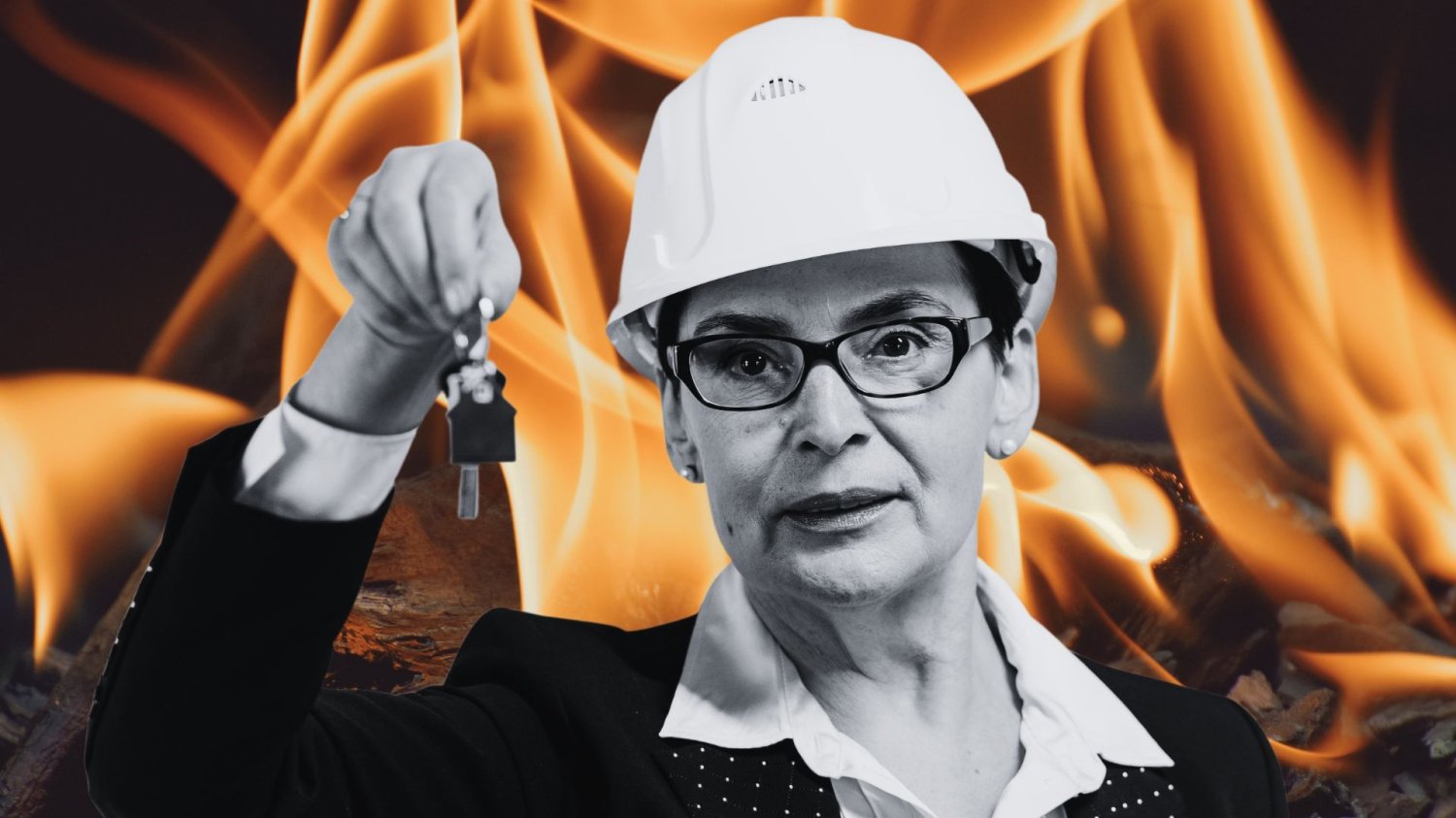 17 tysięcy w ofercie, 14 u notariusza. Wielka ściema rynku nieruchomości obnażona deweloperka z kluczami do mieszkania na tle płomieni