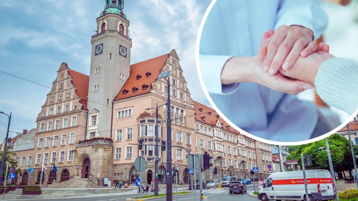 Ratusz w Olsztynie oraz ręce jednej osoby trzymające ręce drugiej osoby w geście wsparcia. Centrum Pomocy Dzieciom otwarte w Olsztynie. Placówka zadba o najmłodszych