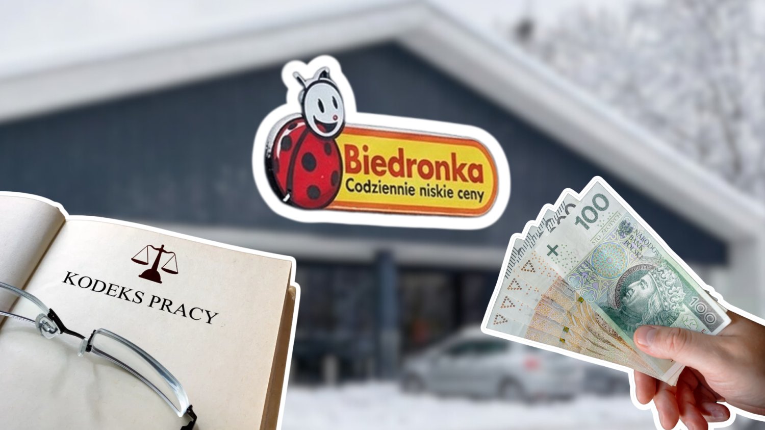 Budynek Biedronki w tle. Logo Biedronki wyrożnione białą ramką. Z przodu kodeks pracy i ręka pełna pieniędzy.