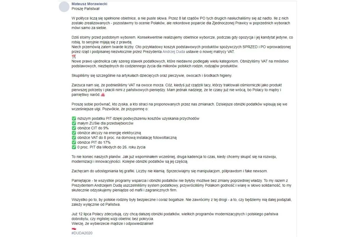 Treść feralnego postu Mateusza Morawieckiego.
