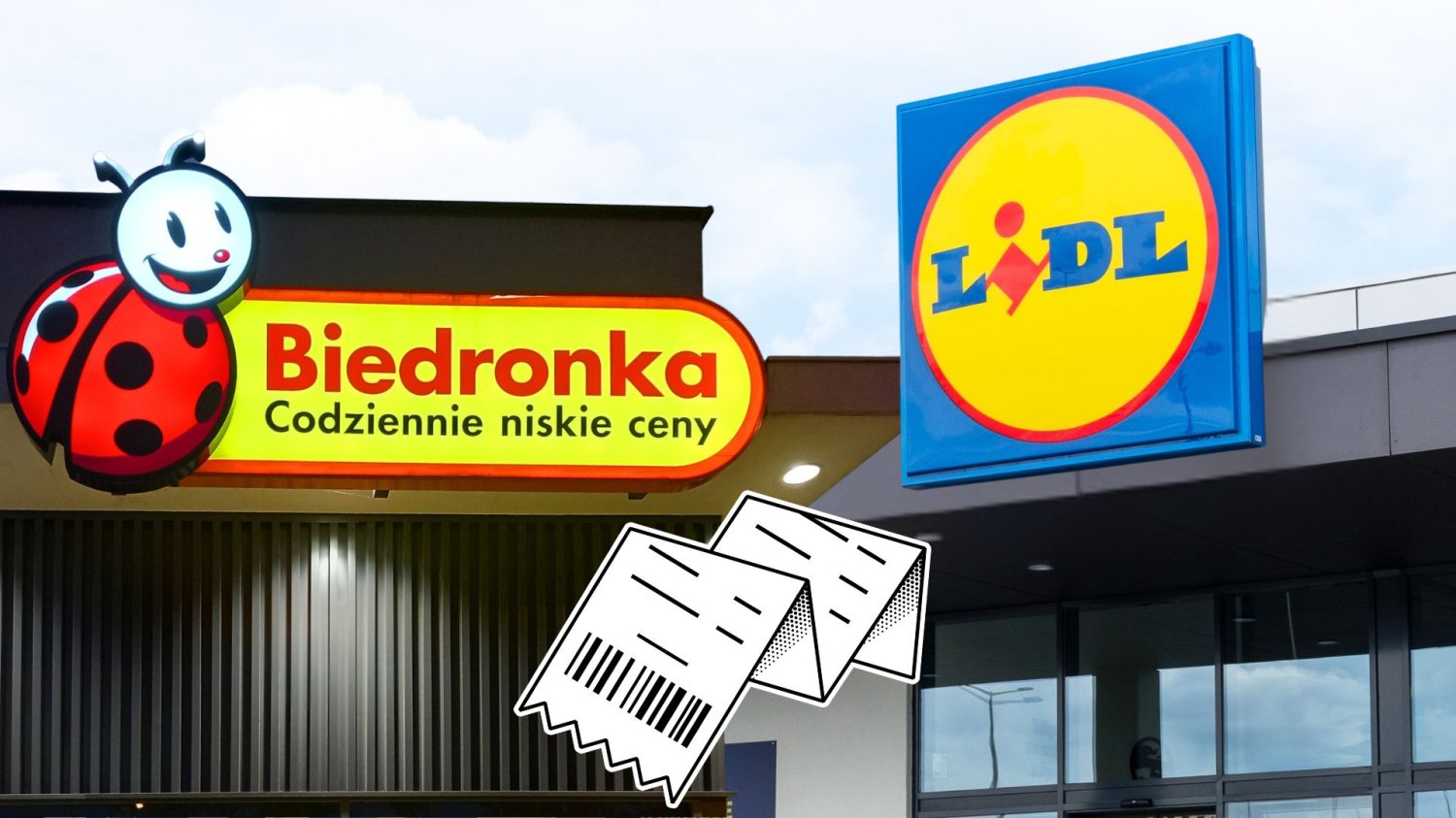 Logo sklepu Biedronka i Lidl, paragon.