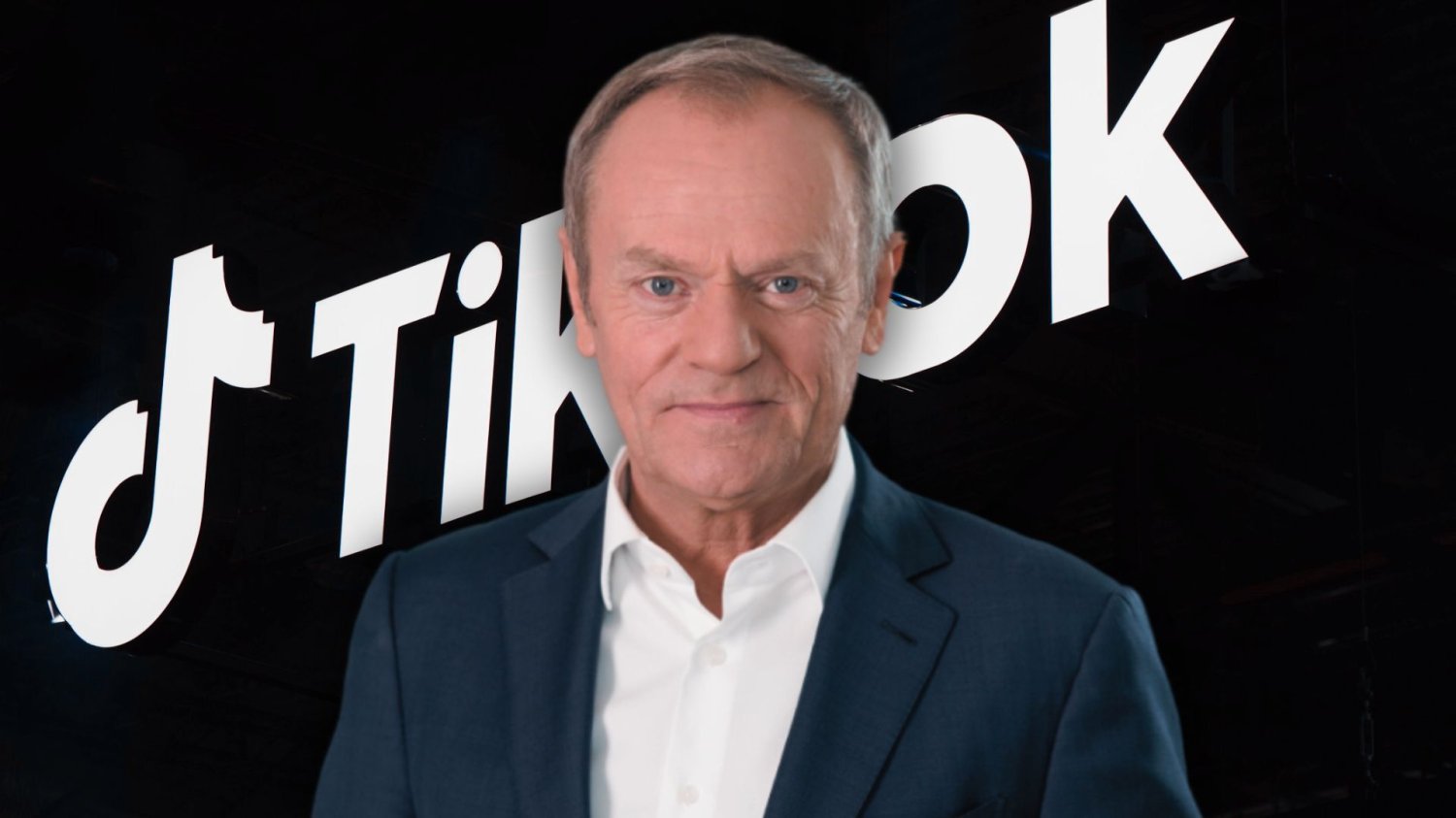 Premier Polski Donald Tusk na tle loga TikToka.