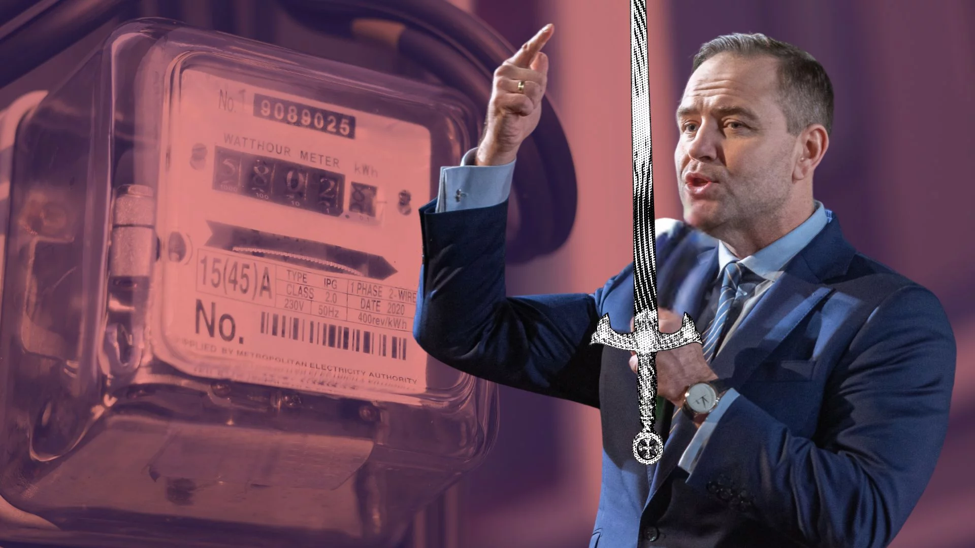 Karol Nawrocki pokazujący na miecz na tle licznika prądu. Prezydent podpisał się pod projektem cięcia cen energii.