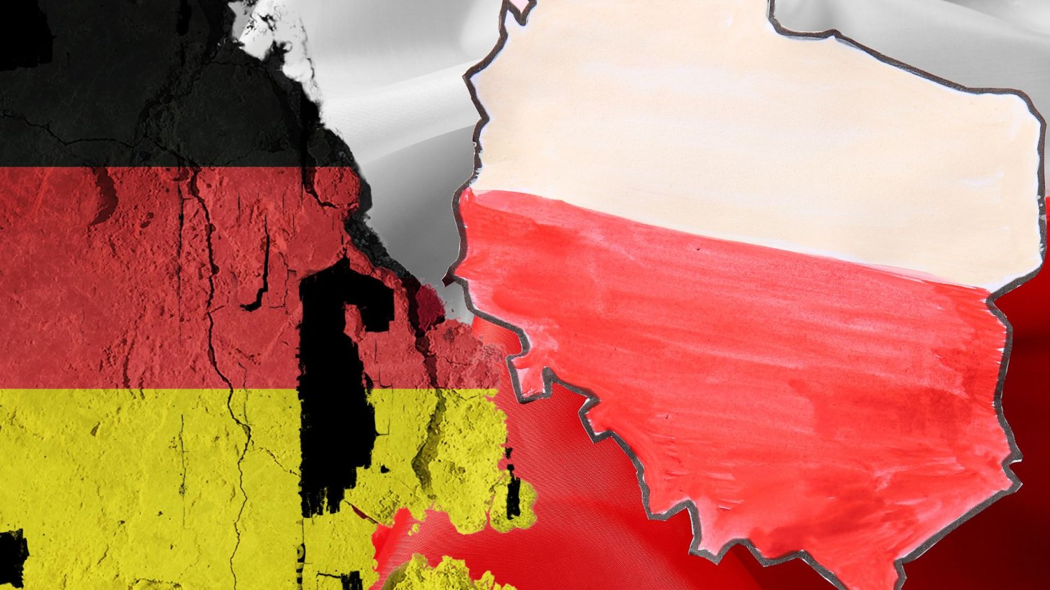 Kruszejąca się flaga Niemiec, malowana flaga i kontury Polski.