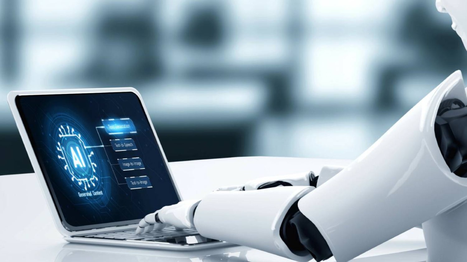 Robot pracujący na laptopie.