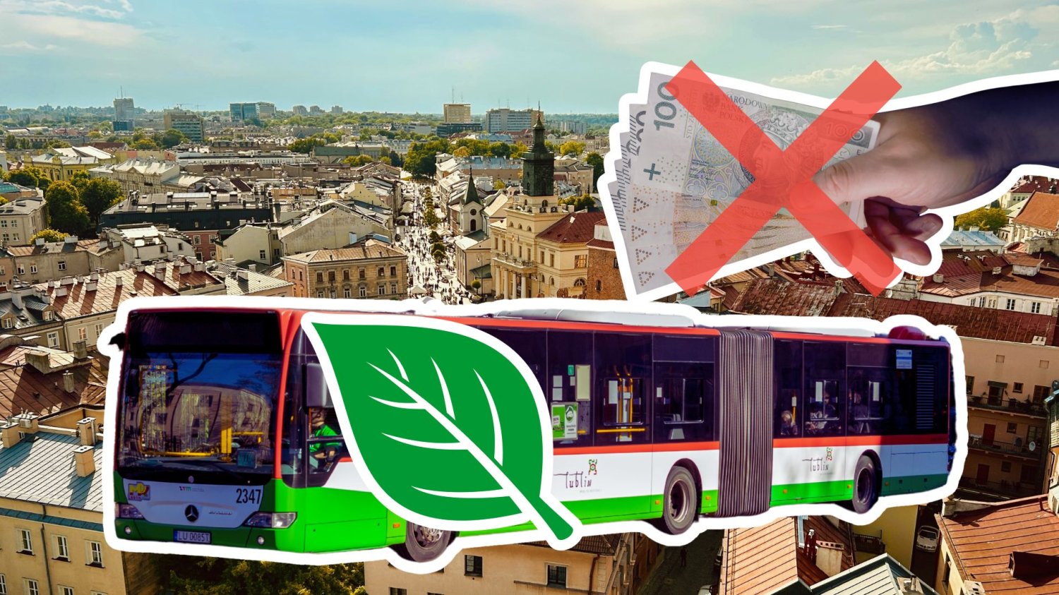 Autobus, Lublin, przekreślona ręka z banknotami. Lublin bez dofinansowania na ekologiczne autobusy. Nie dostarczono ani jednego