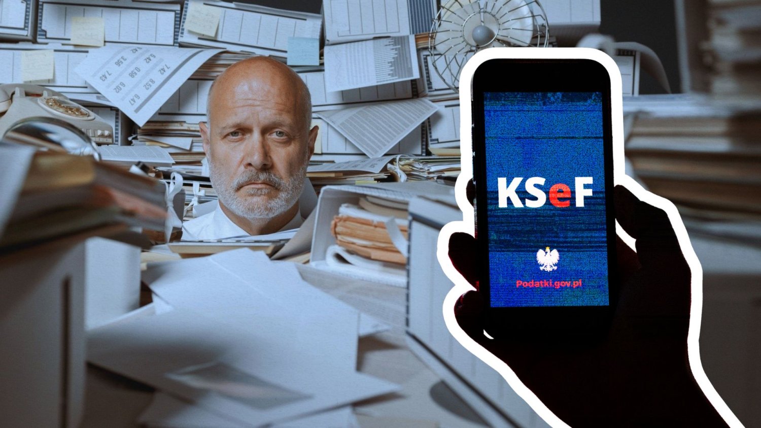 Paraliżu firmy w KSeF możesz uniknąć. Ekspertka ostrzega przed frustrującą pomyłką Mężczyzna zasypany dokumentami i zgliczowany KSeF na smartfonie