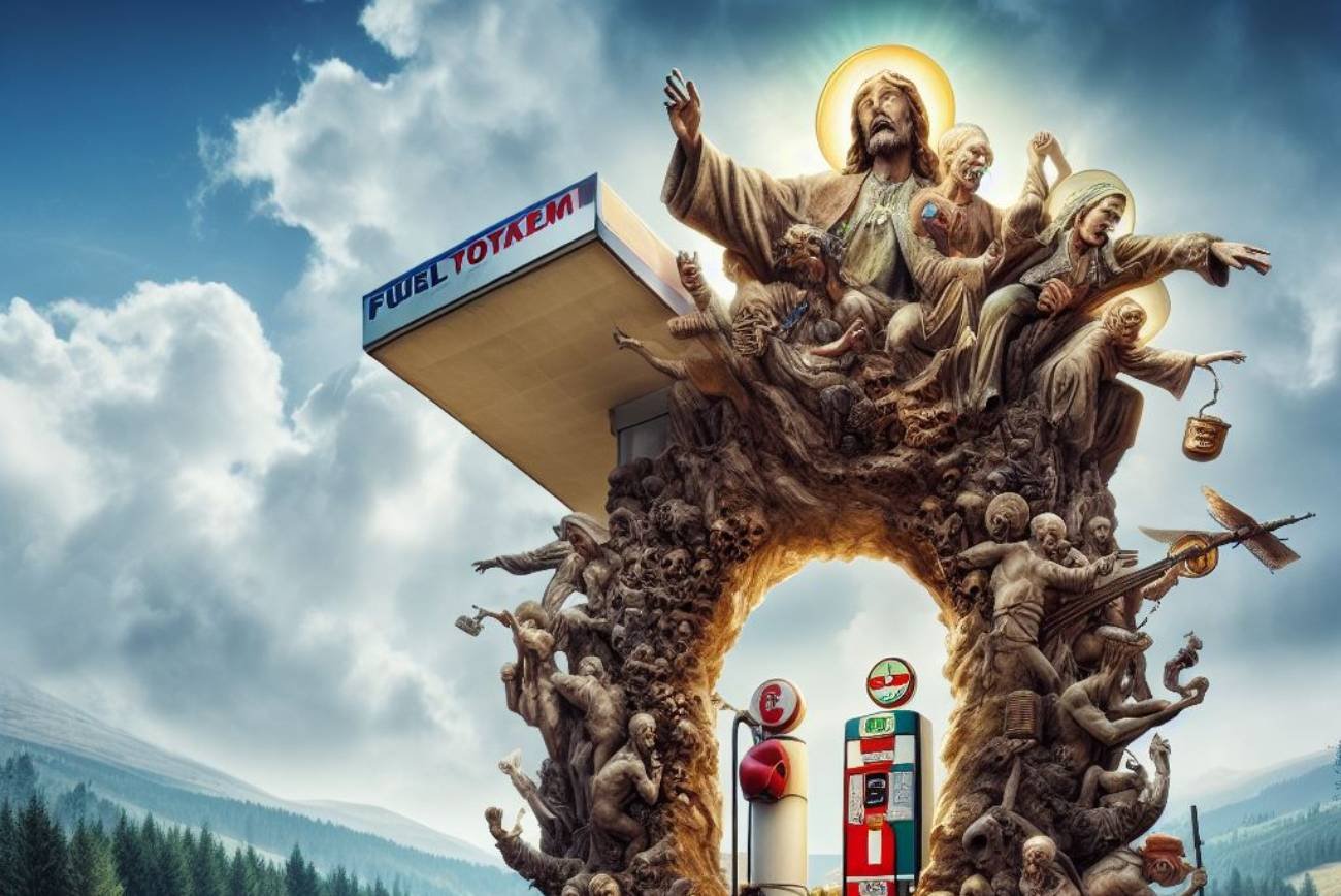 Prompt: "cud świętego Daniela Obajtka przy totemie paliwowym".