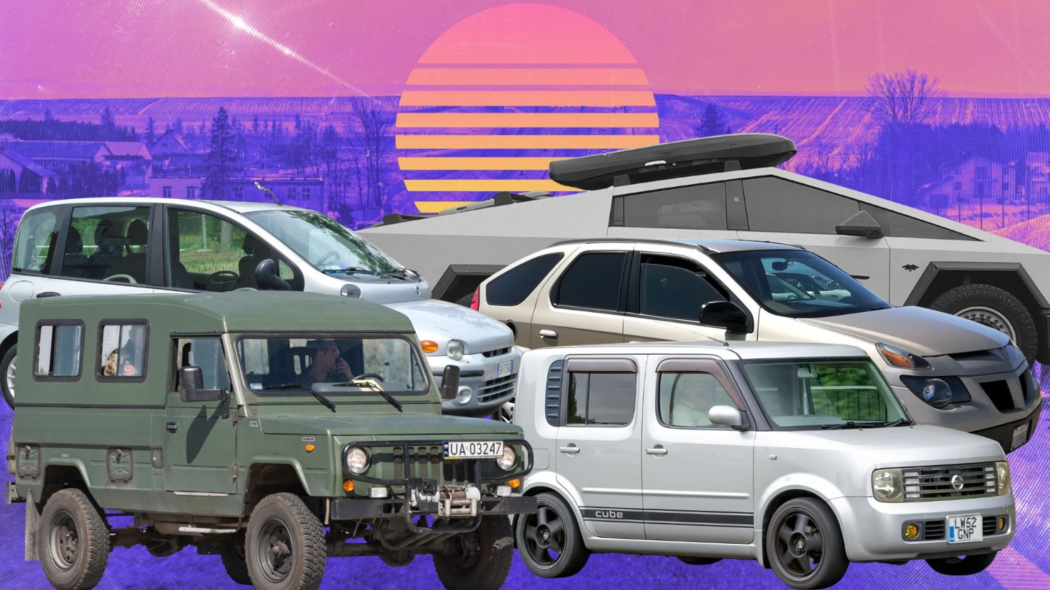 Od góry i lewej: Tesla Cybertruck, Fiat Multipla, Pontiac Aztek, Honker, Nissan Cube.