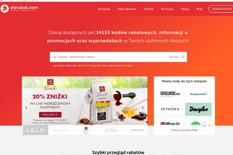Wyszukiwarka kodów rabatowych taka jak AleRabat.com pomaga korzystać z atrakcyjnych promocji oferowanych przez wiele sklepów internetowych