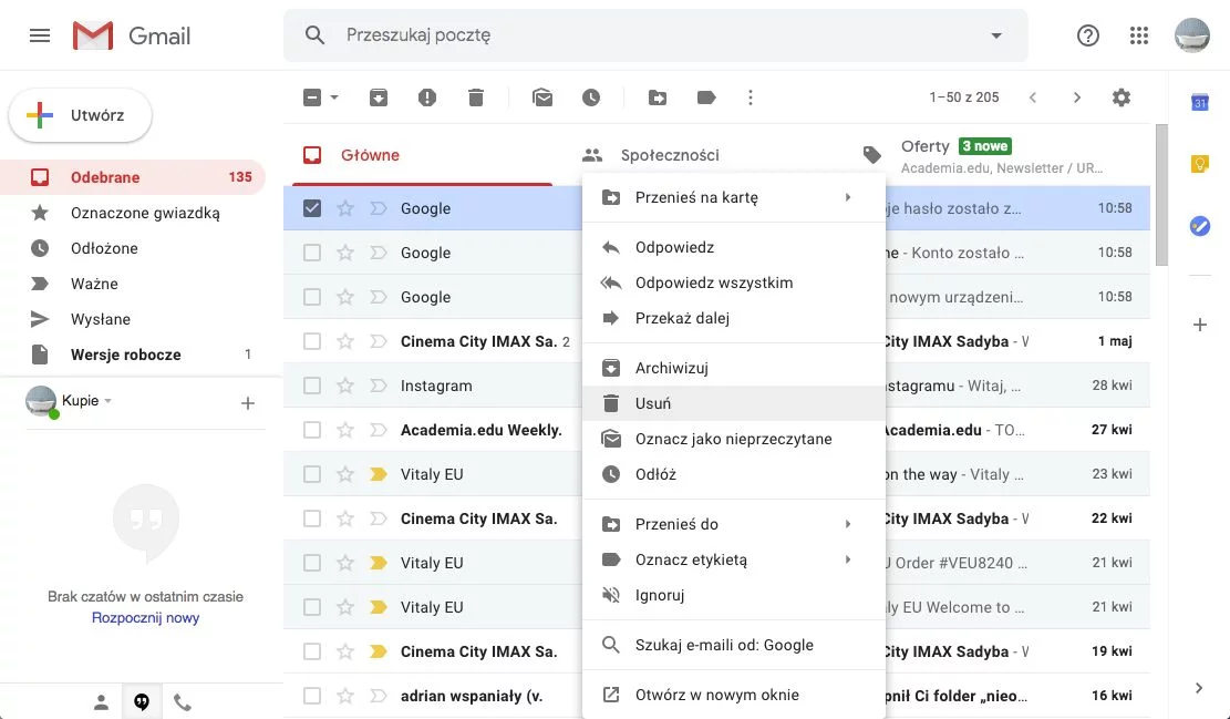Prawy przycisk myszy zapewnia sporą funkcjonalność w skrzynce Google.