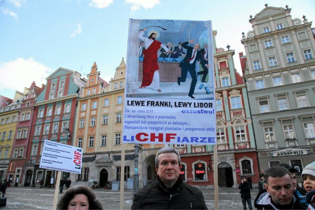 Manifestacja "frankowiczów" domagających się reakcji banków i rządu w sprawie kursu franka szwajcarskiego.