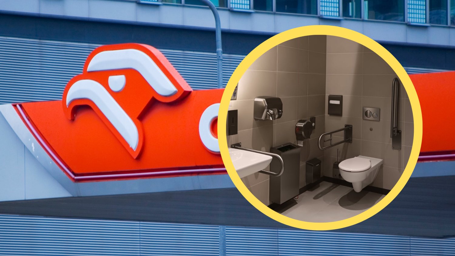 "Komfortki" od Orlenu podbiją stacje benzynowe. Koniec z wykluczeniami w podróży Logo Orlen na stacji benzynowej. Komfortka, czyli łazienka dla osób niepełnosprawnych w żółtym kółku, dla podkreślenia jej wyglądu.