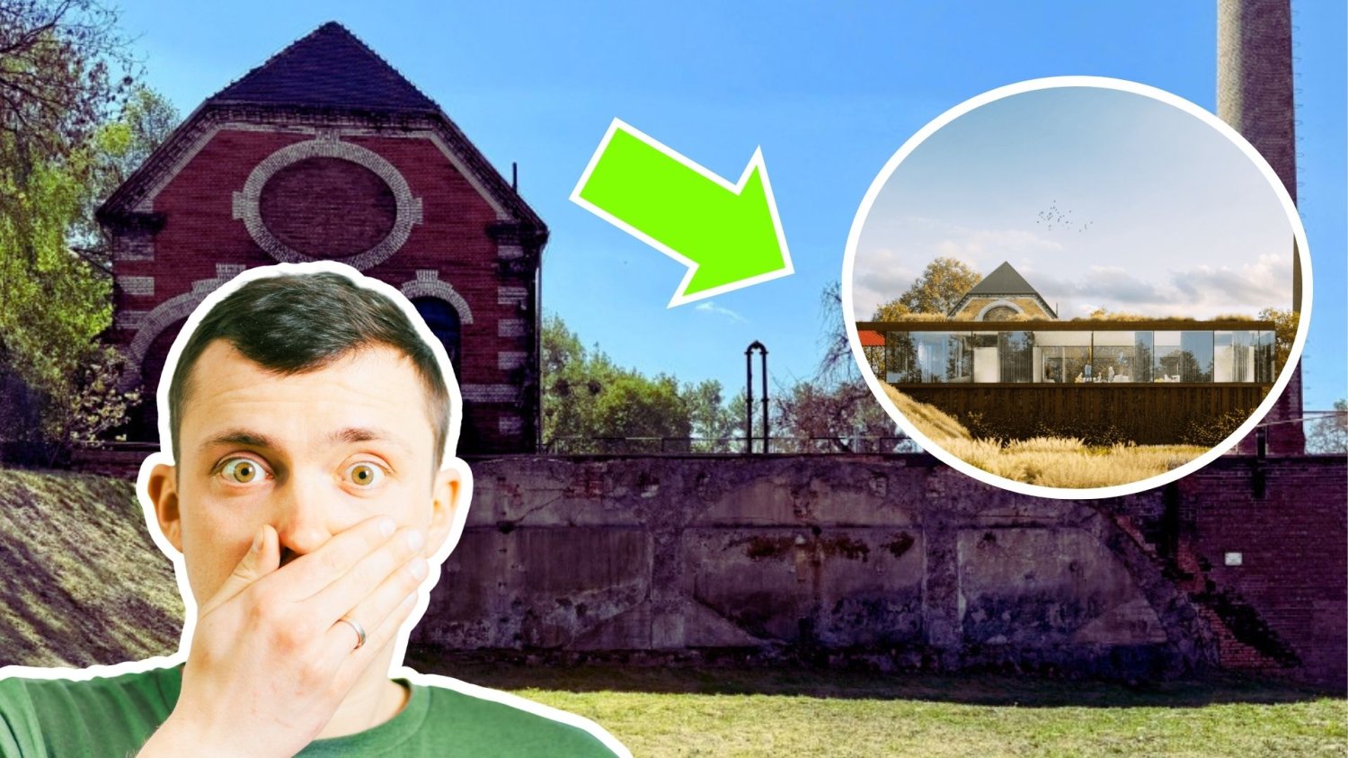 Zdziwiony człowiek, zabytkowa bytomska oczyszczalnia ścieków, zielona strzałka i wizualizacja rewitalizacji. Koniec ze oczyszczalnią ścieków, czas na relaks. Spektakularna metamorfoza w Bytomiu