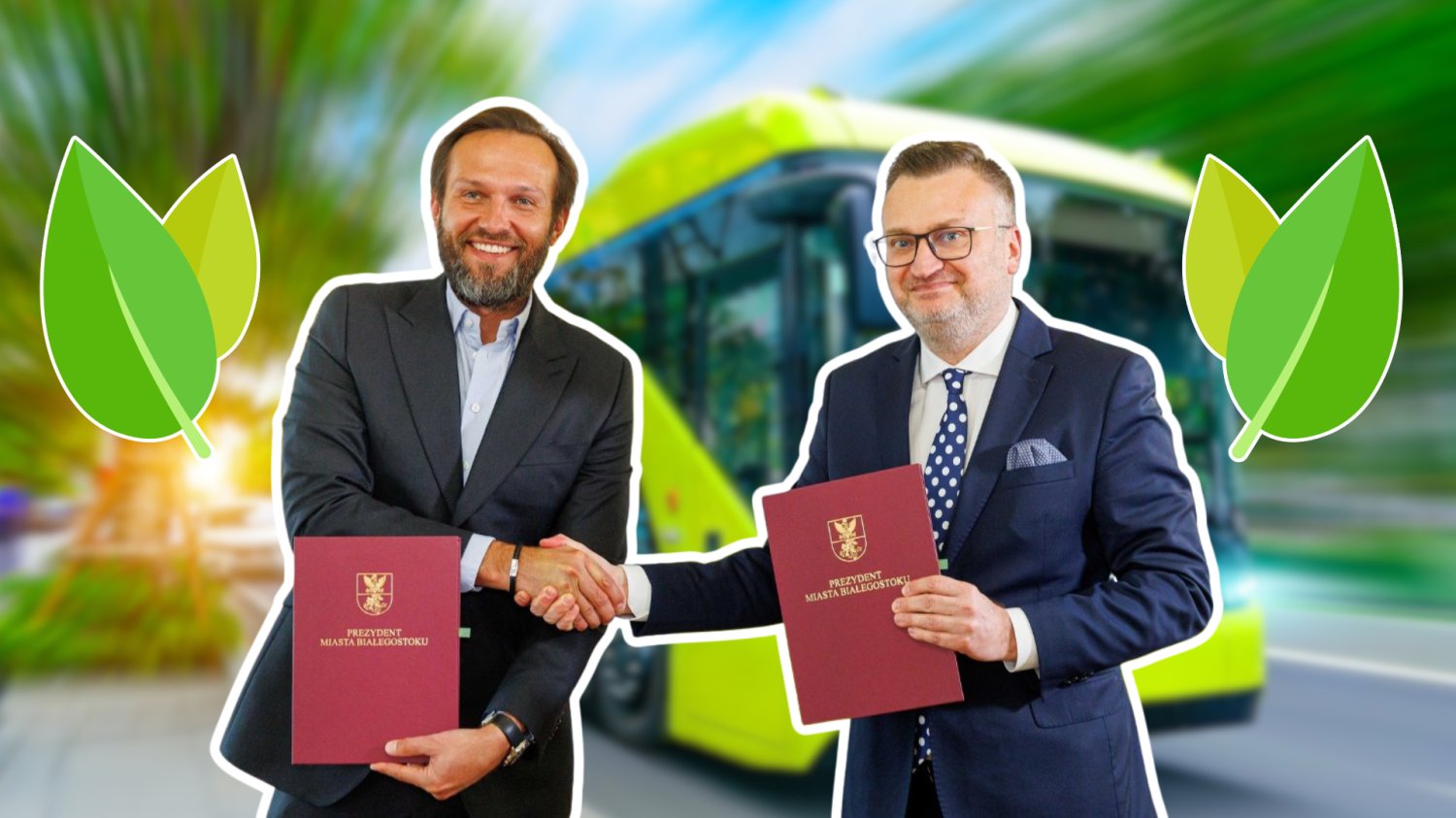 Białystok kupuje 60 autobusów elektrycznych. Na Podlasiu diesel zostaje na przystanku Autobus elektryczny w tle wygenerowany przez AI. Z przodu urzędnicy z podpisanymi decyzjami o nowych autobusach.