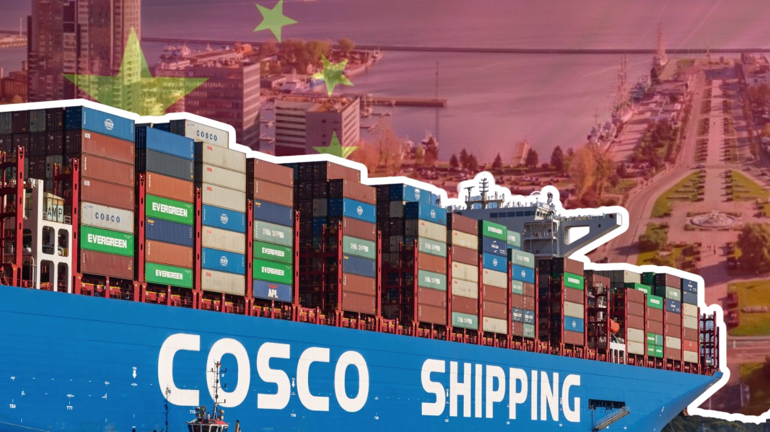 Chiński gigant przejmuje polskie porty. Bałtyk przyciąga światowy handel Statek, tankowiec COSCO. W tle Gdynia i flaga Chin.