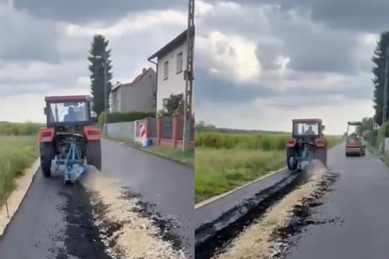 Ciągnik z pługiem niszczy asfalt na drodze.