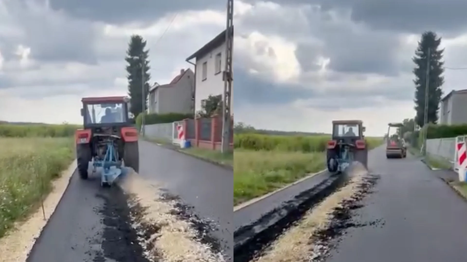 Ciągnik z pługiem niszczy asfalt na drodze.