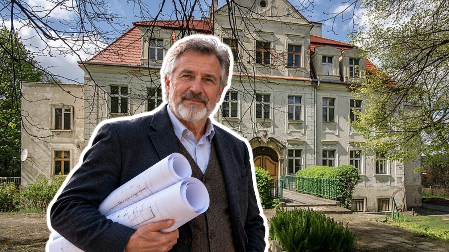 Mężczyzna z planami budowy w rękach. W tle Pałac w Twardogórze
