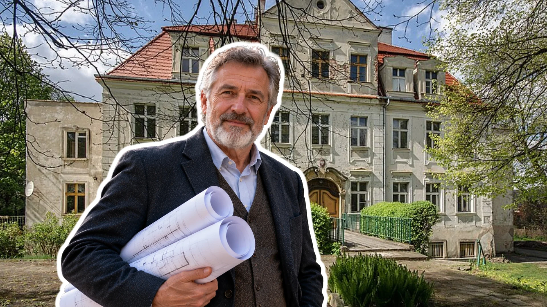 Barokowy pałac w Twardogórze przejdzie metamorfozę. Przeszłość spotka przyszłość Mężczyzna z planami budowy w rękach. W tle Pałac w Twardogórze