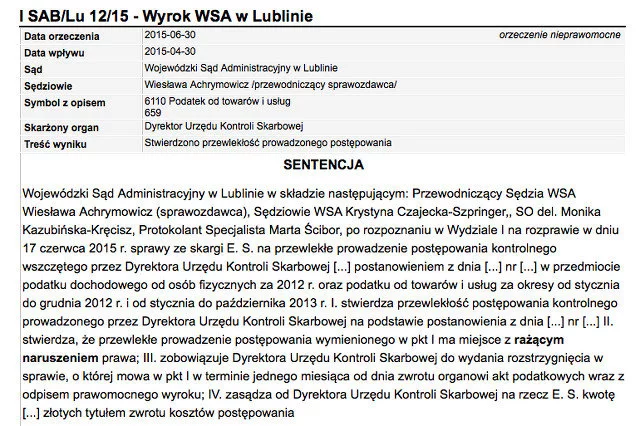 To już drugi wyrok w sprawie gnębiącego firmy dyrektora Urzędu Kontroli Skarbowej w Lublinie