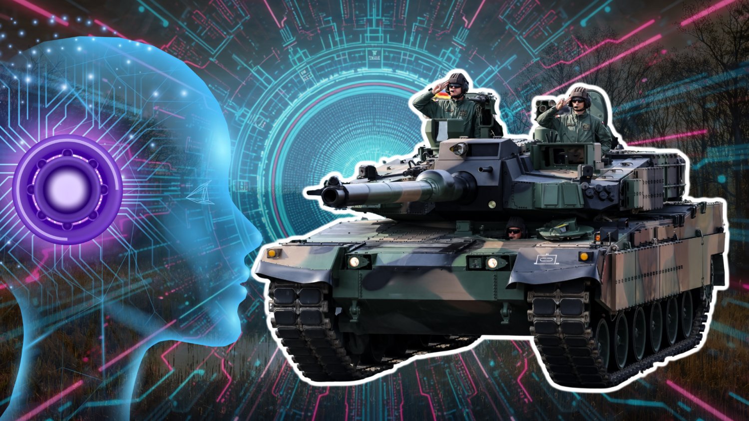 Polska armia z nowym systemem AI. Czołgi dostały cyfrowy instynkt przetrwania Czołg K2 Black Panther. W tle wymiar AI i twarz robota AI.