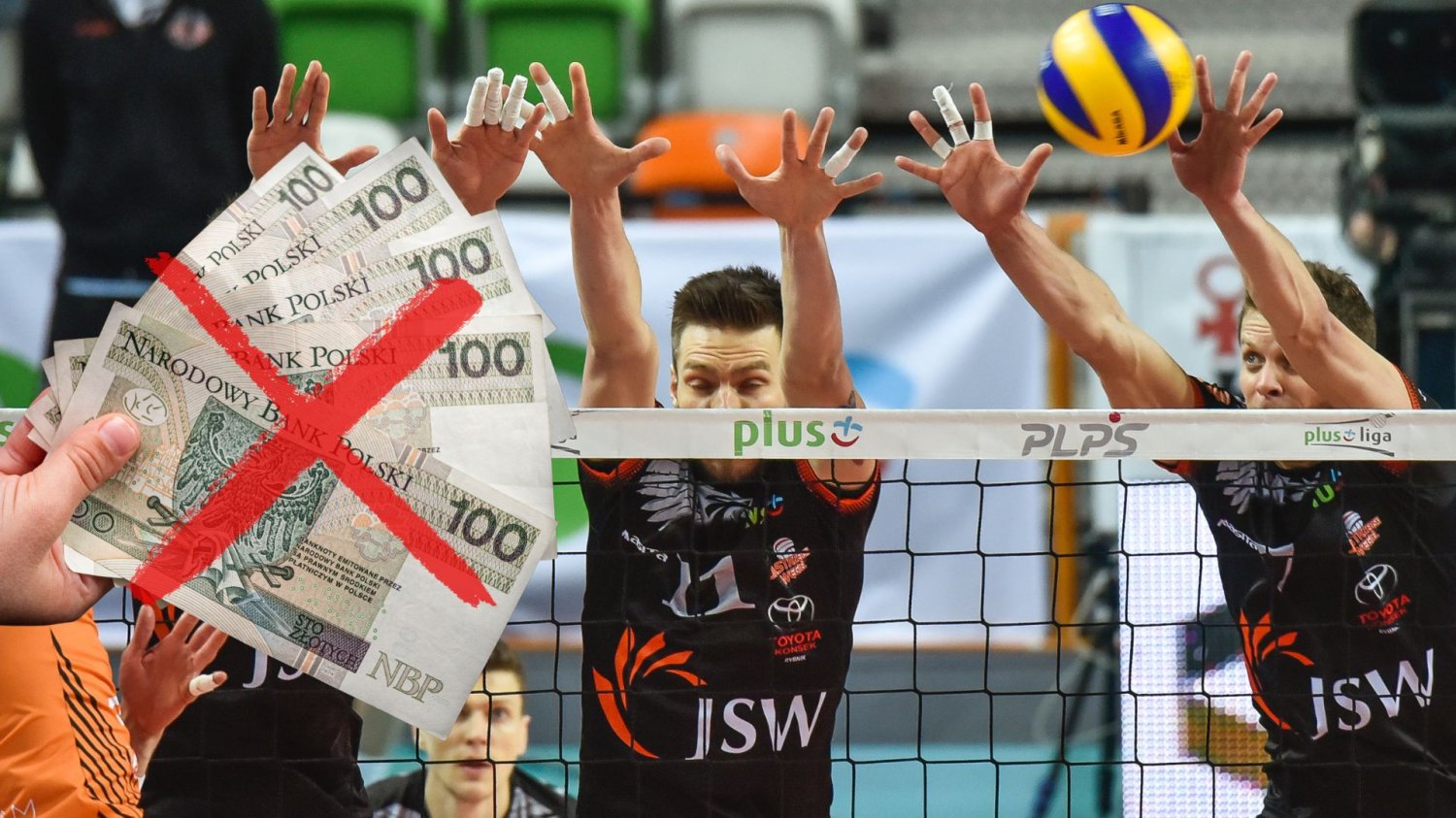 Problemów JSW ciąg dalszy. Zostawiają siatkarzy i hokeistów na lodzie Siatkarze i przekreślona ręka z banknotami. Problemów JSW ciąg dalszy. Siatkarz i hokeiści pod ścianą.