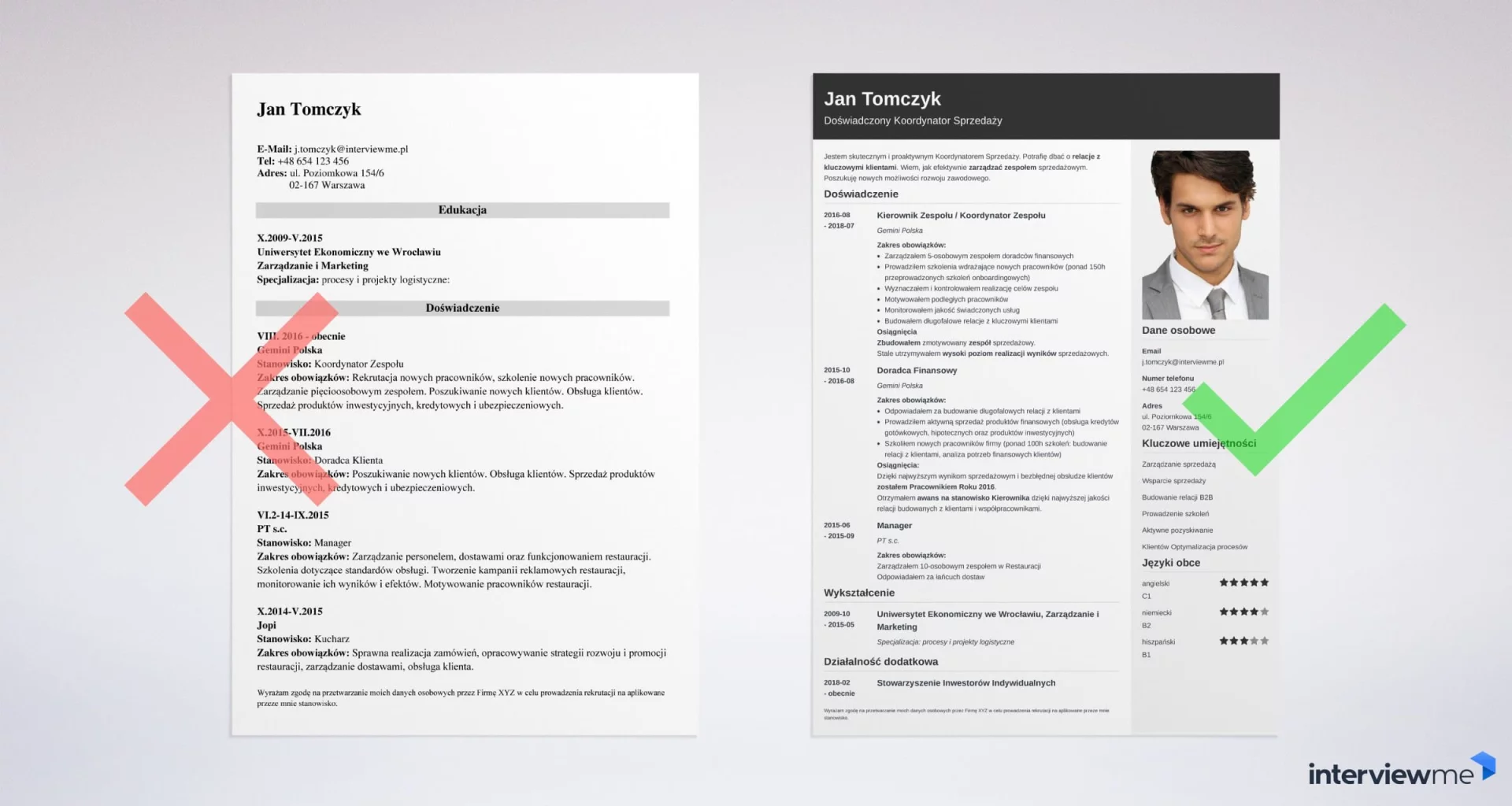 Przykład dobrej i złej formy w CV. Spartański sposób prezentacji informacji jest cechą, zaletą, ale nie możemy z nim przesadzić.