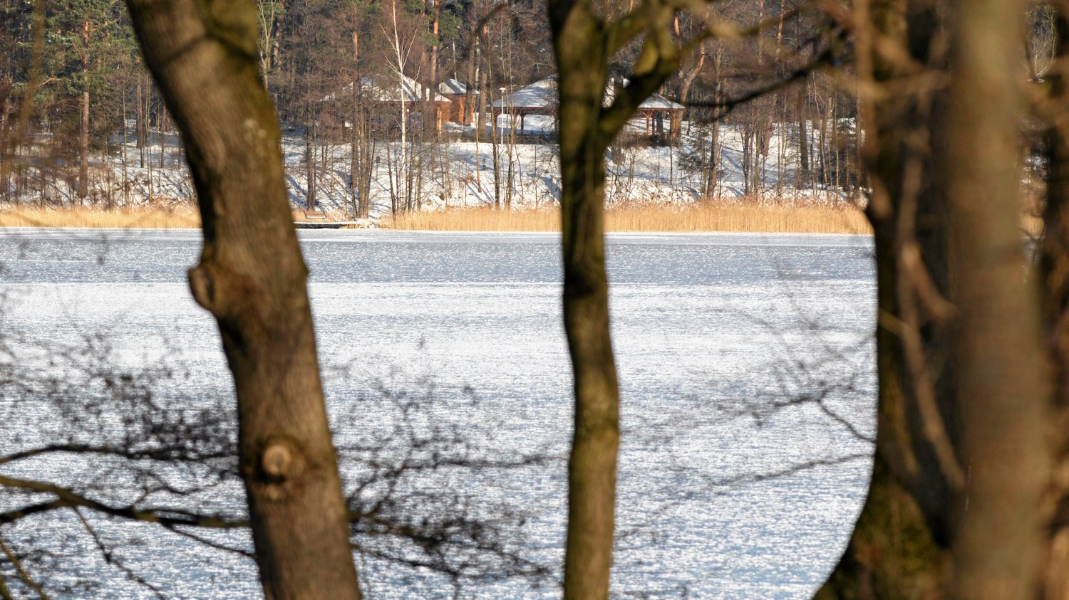 Widok przez jezioro starokiejkuckie na obiekty szkoły szpiegów
