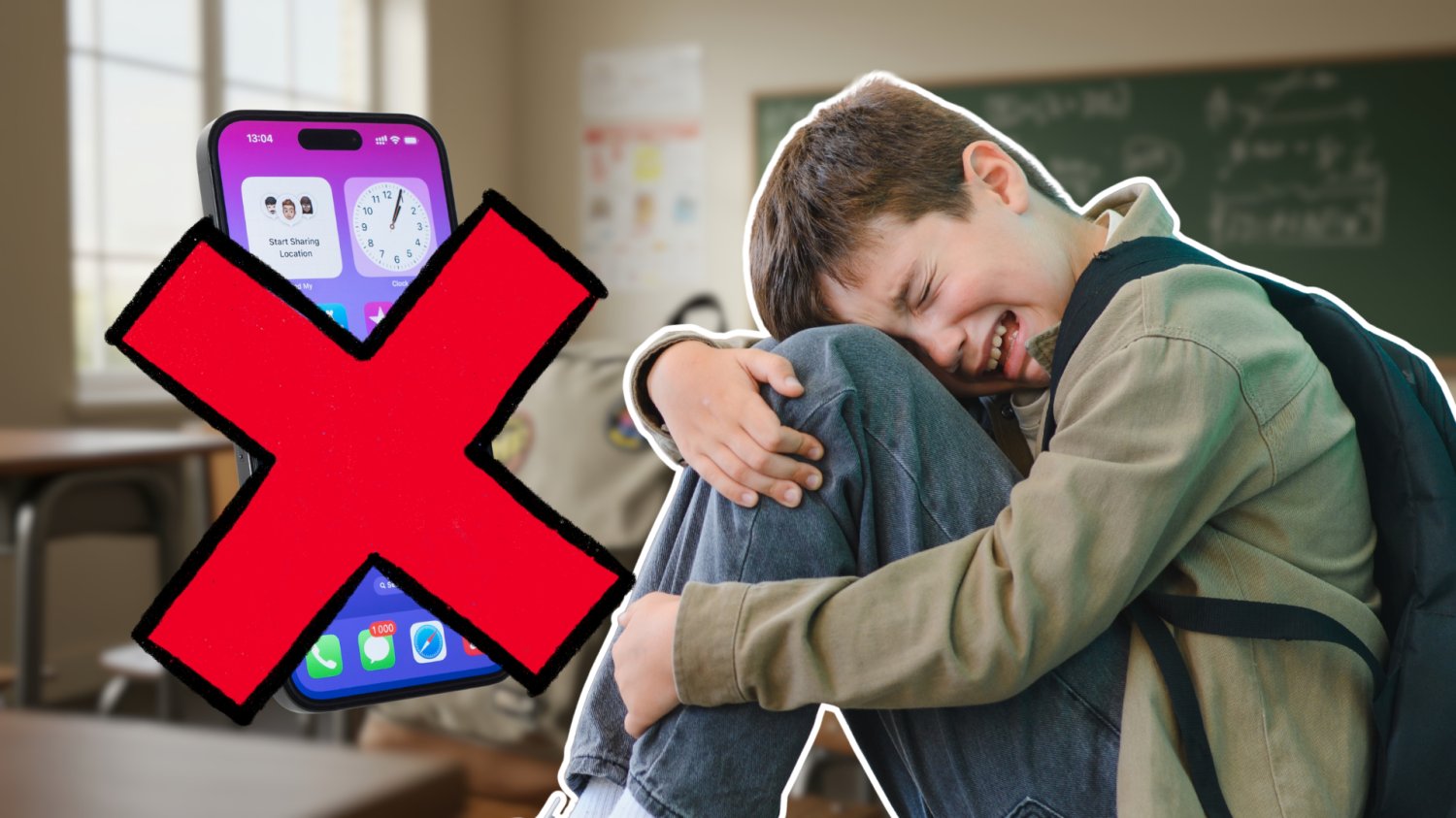 Uczeń, który płacze. W tle sala lekcyjna. Obok przekreślony telefon czerwonym znakiem X.