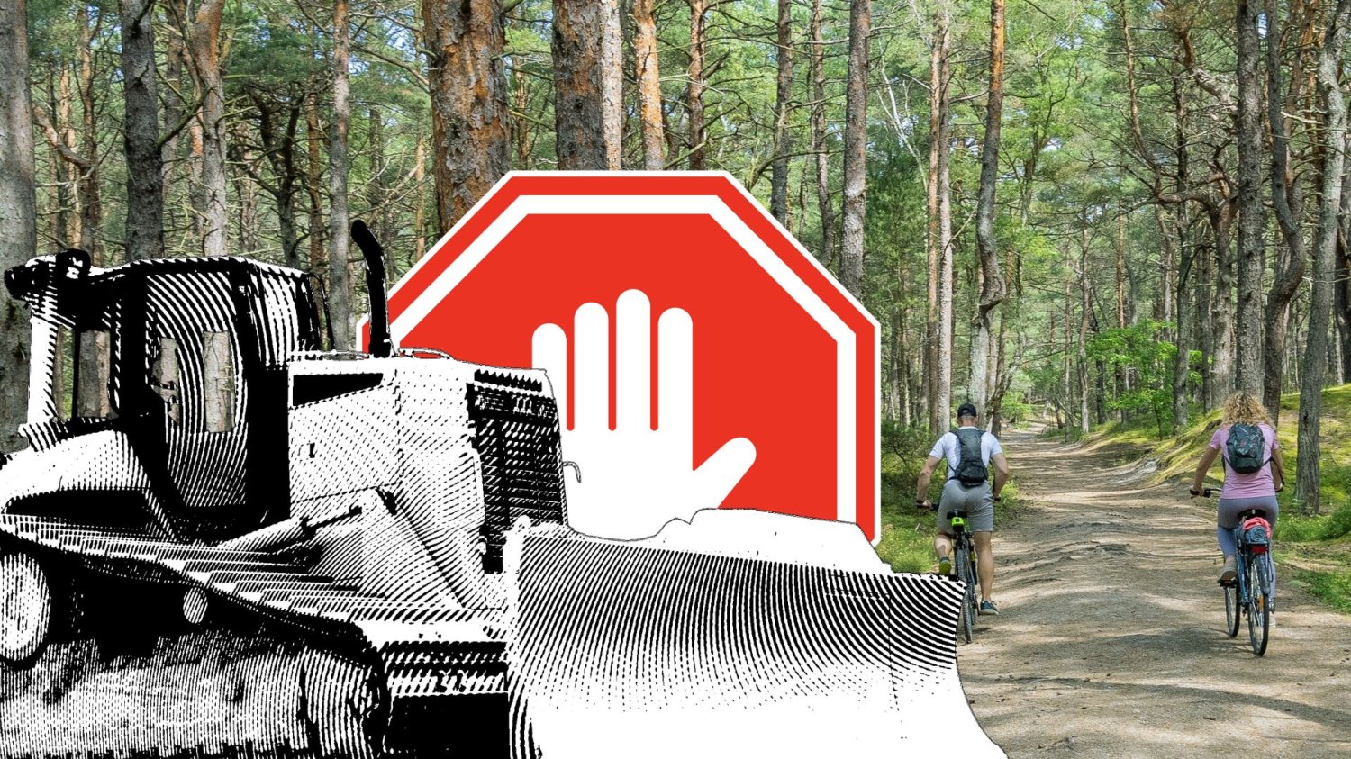 Buldożer i znak stopu na tle helskiego lasu z rowerzystami.