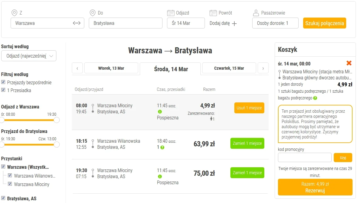 Najtańsze bilety międzynarodowe mogą kosztować złotówkę (wg informacji na stronie głównej). Nam najtańsze udało znaleźć się za 4,99 zł.