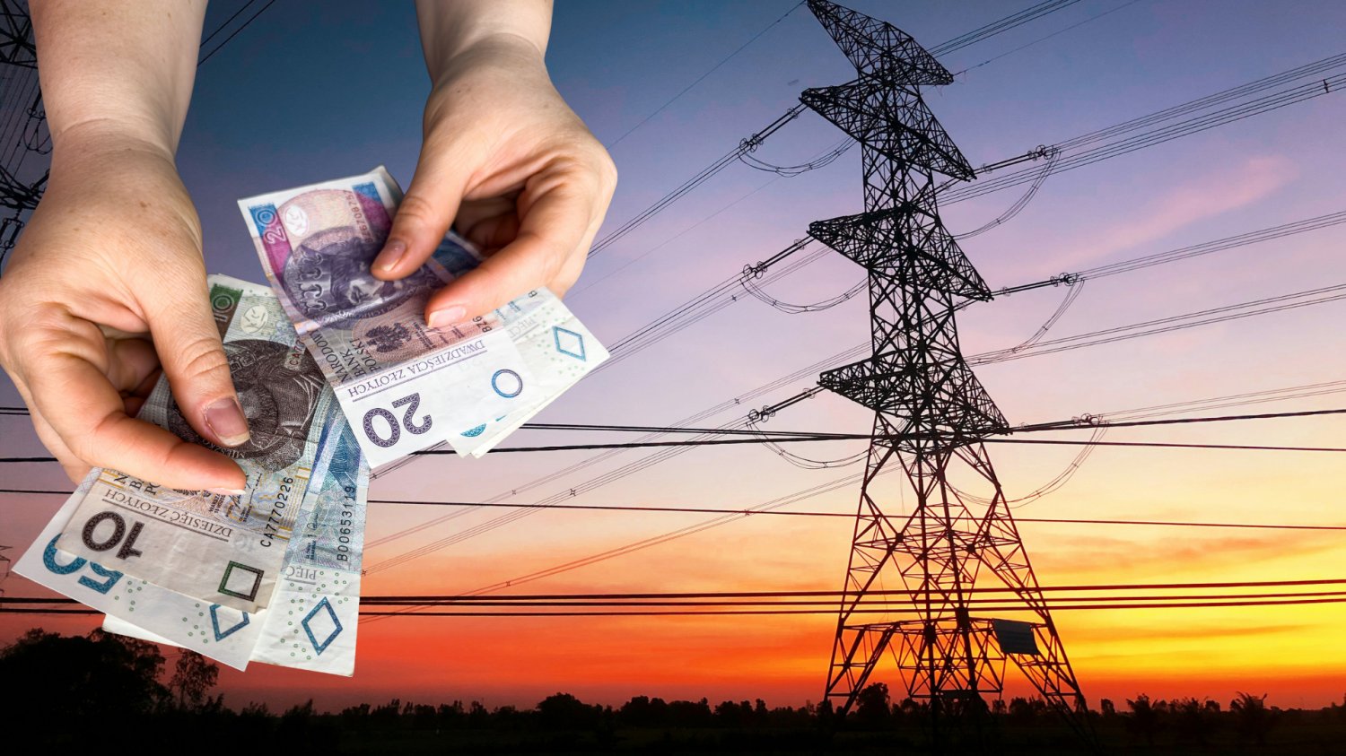 Dłonie wyjmujące polskie złote z portfela, w tle słup energetyczny. Rachunki za prąd w dół