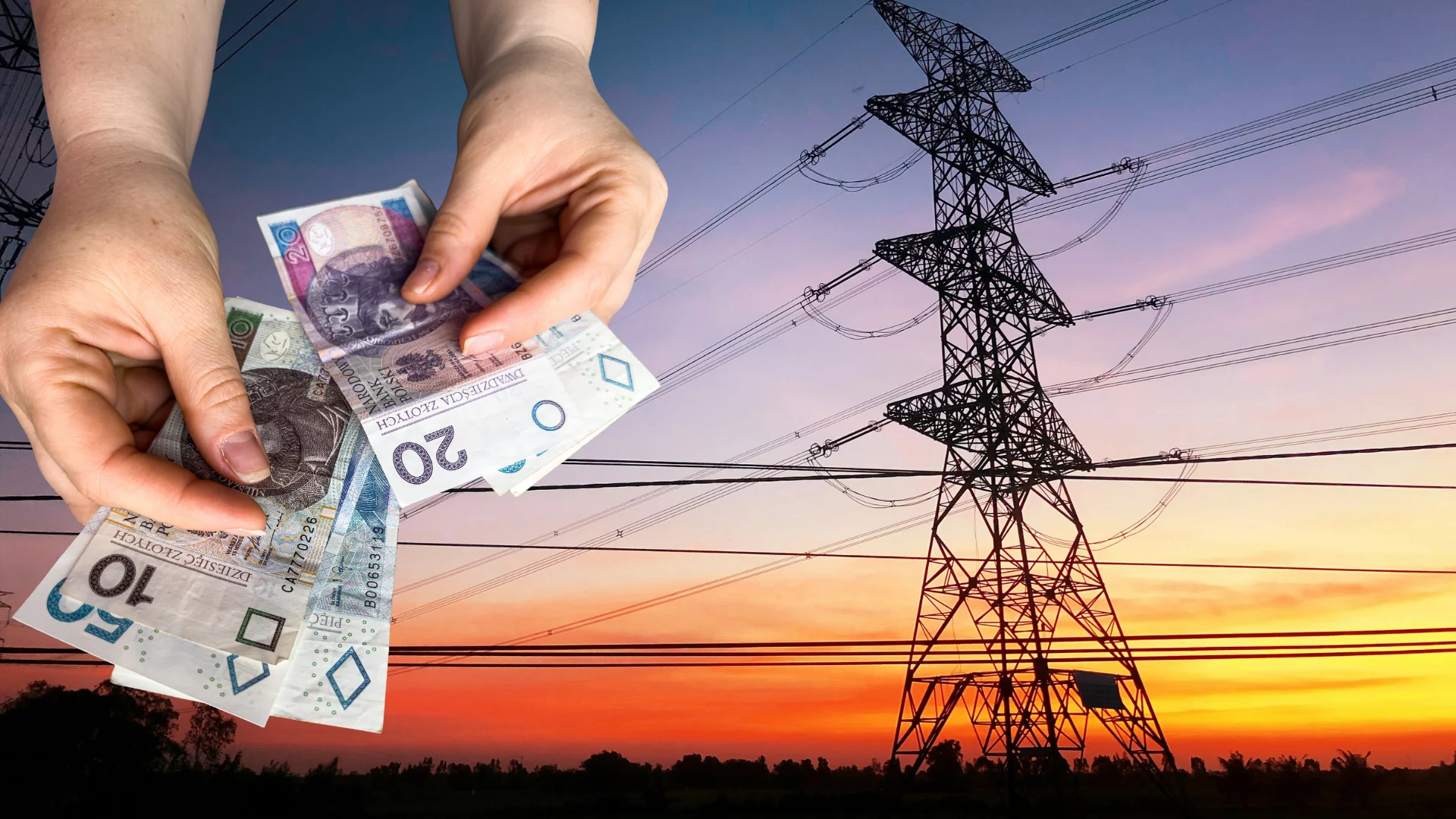Dłonie wyjmujące polskie złote z portfela, w tle słup energetyczny. Rachunki za prąd w dół