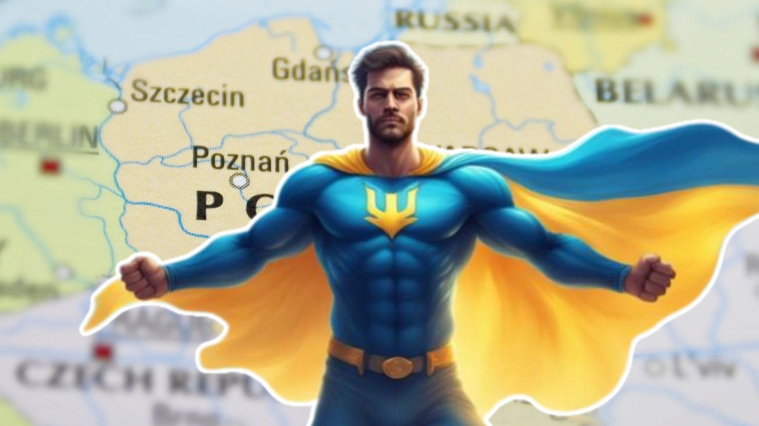 Prawica pluje jadem, oni robią swoje. Ukraińcy napędzają polskie PKB. Ukraiński superbohater na tle mapy Polski. Prawica pluje jadem, oni robią swoje. Ukraińcy napędzają polskie PKB.
