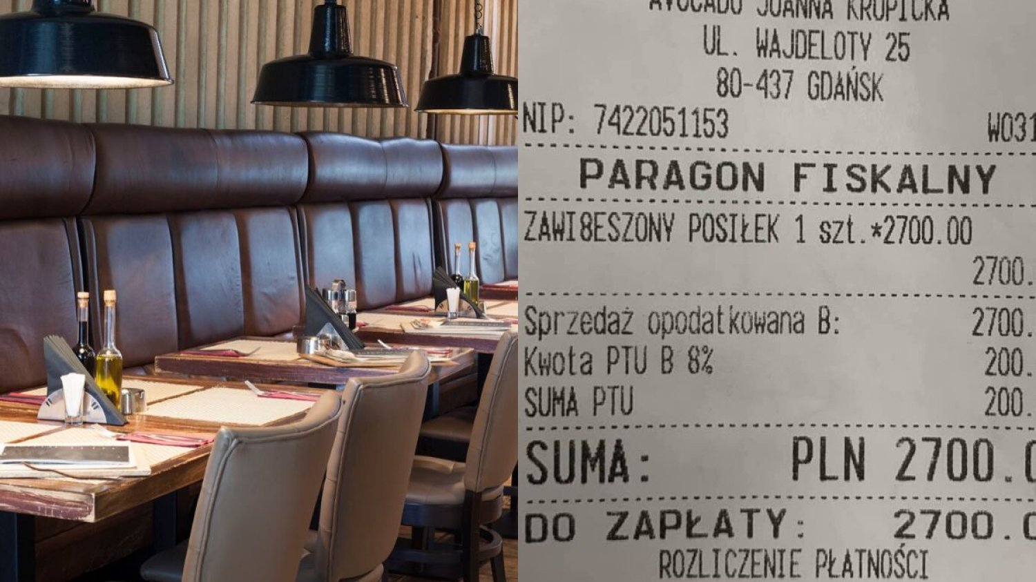 Restauracja Avocado Vegan Bistro pochwaliła się na Facebooku paragonem z zawieszonego posiłku.
