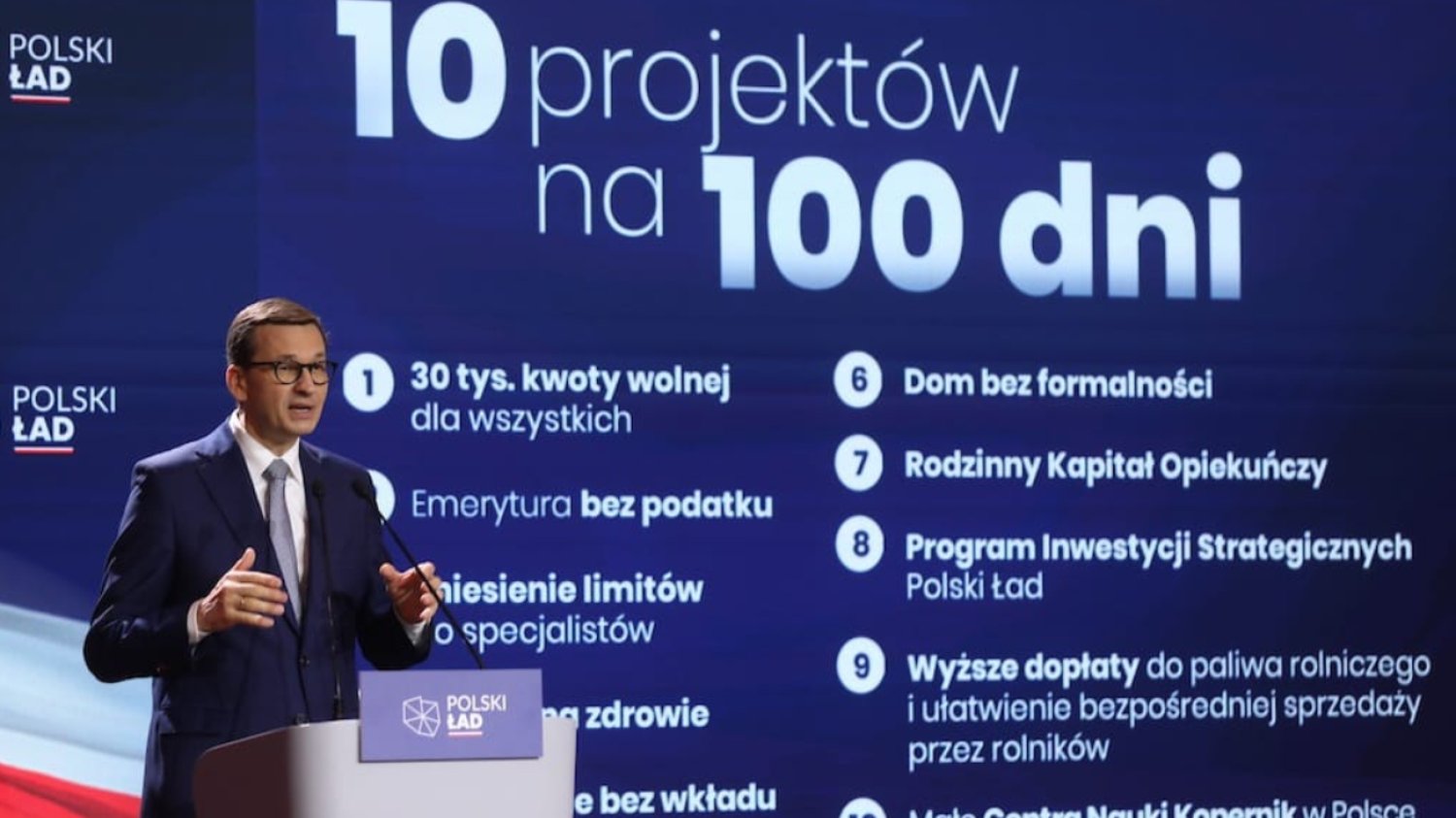Mateusz Morawiecki zapowiadający program 10 ustaw w 100 dni (Polski Ład).