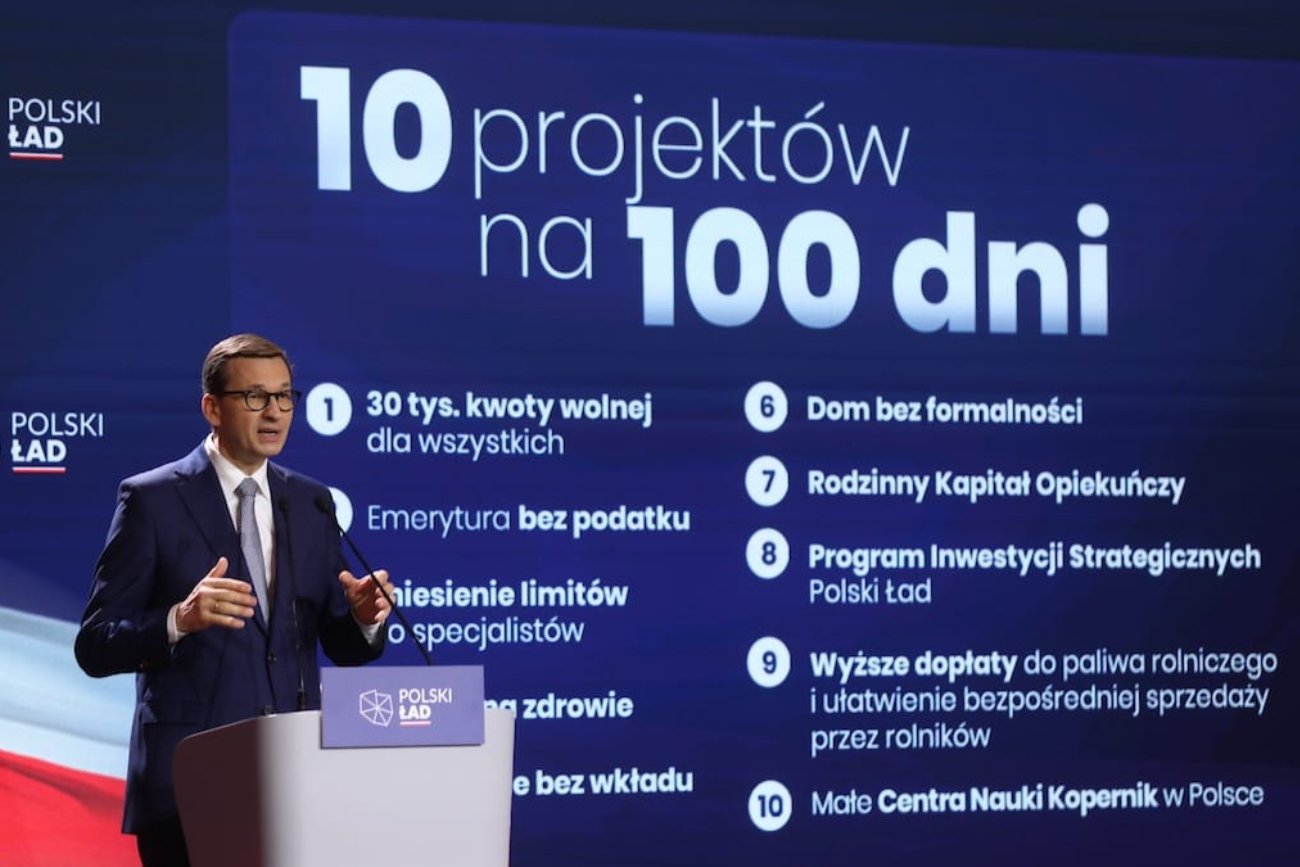 Mateusz Morawiecki zapowiadający program 10 ustaw w 100 dni (Polski Ład).